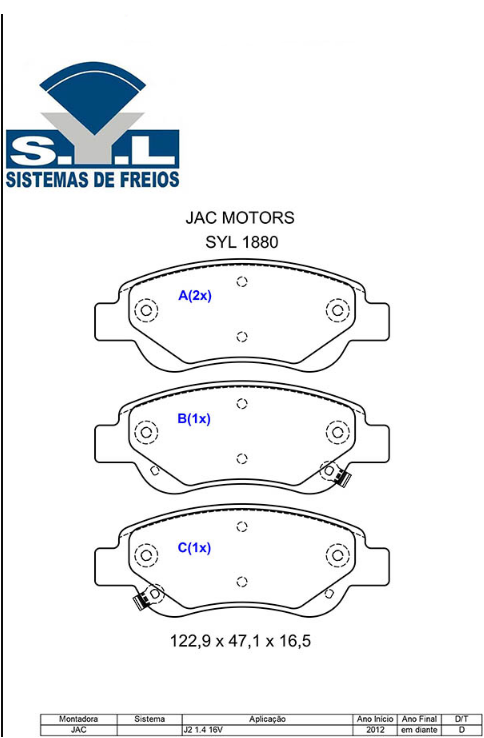 Jogo Pastilhas De Freio Jac Motors J2 2012 Até 2018 Syl
